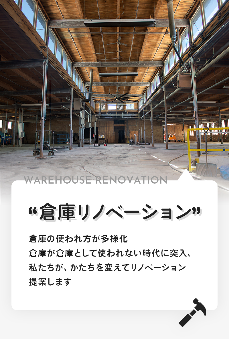 WAREHOUSE RENOVATION “倉庫リノベーション” 倉庫の使われ方が多様化 倉庫が倉庫として使われない時代に突入、私たちが、かたちを変えてリノベーション提案します